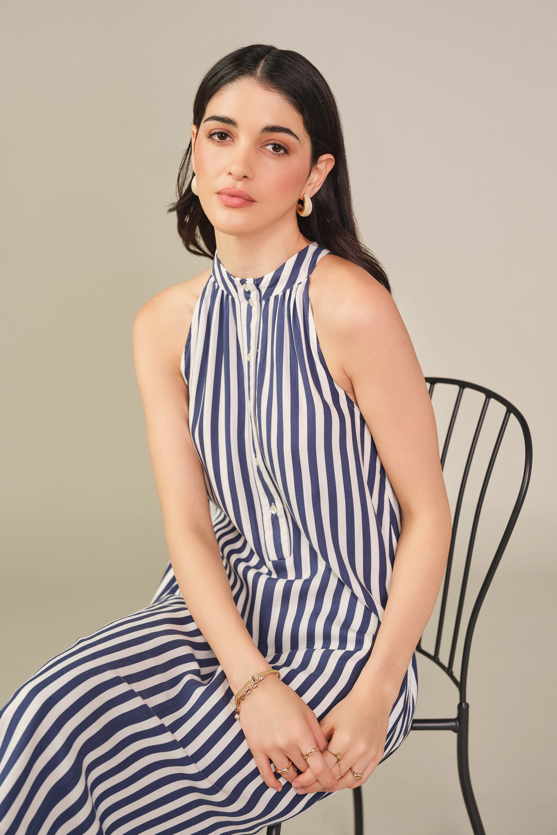 Striped Halter Maxi Dress in Blue, Blue, image 3